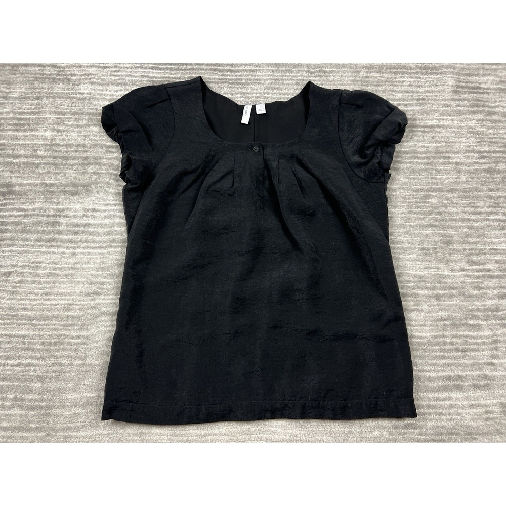 Old Navy Blouse Womens S Tall Black Scoop Neck Pleated Puff Sleeve Textured Top